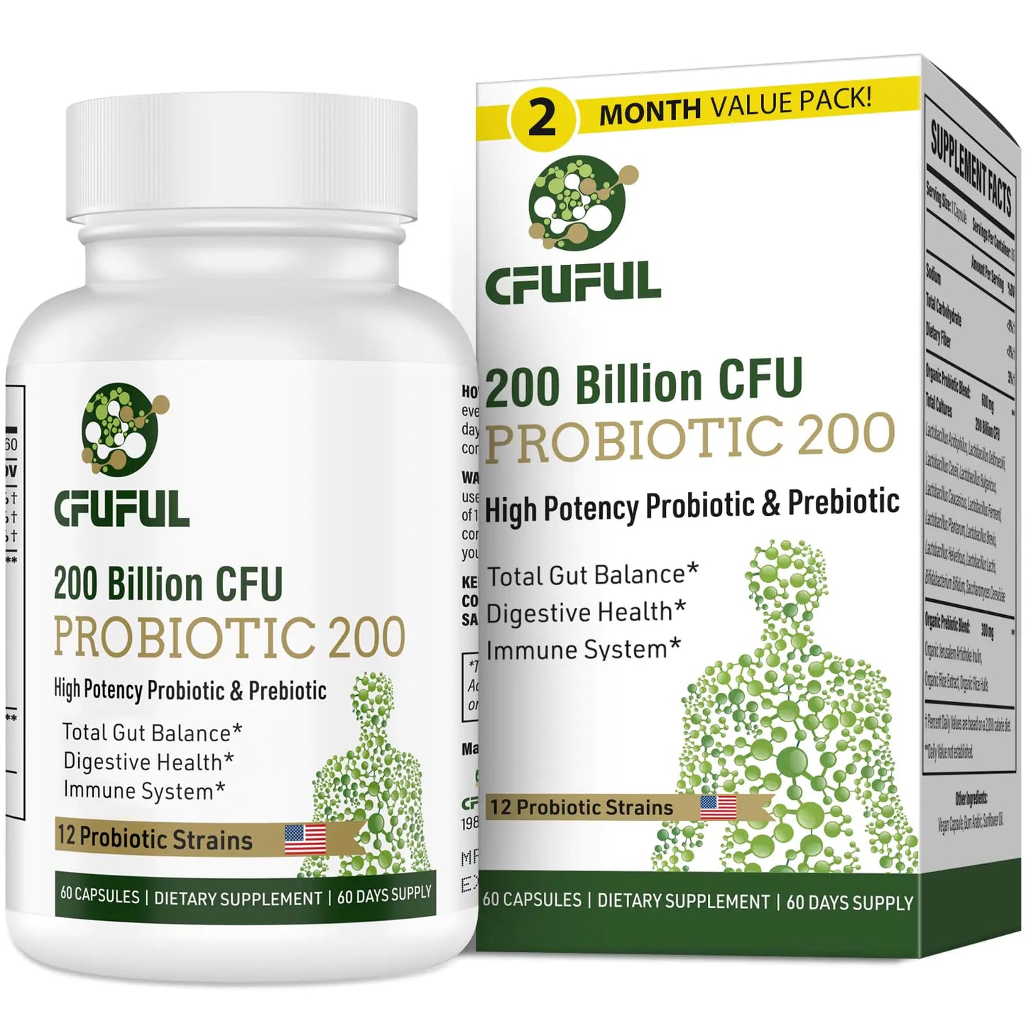 Probiotics for Women & Men – 200 Billion CFU, 12 Strains, Shelf-Stable (60 Capsules)