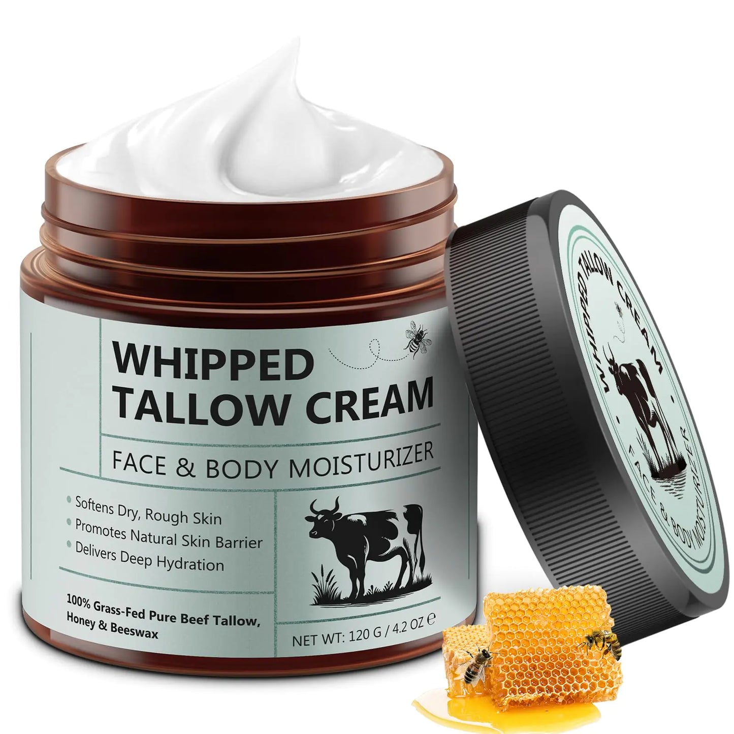 Beef Tallow for Skin Tallow and Honey Balm (4.2 Oz) Tallow Face Moisturizer Organic Grass Fed Whipped Beef Tallow with Honey Beeswax Deeply Moisturizing for Face & Body Unscented Fast Absorption