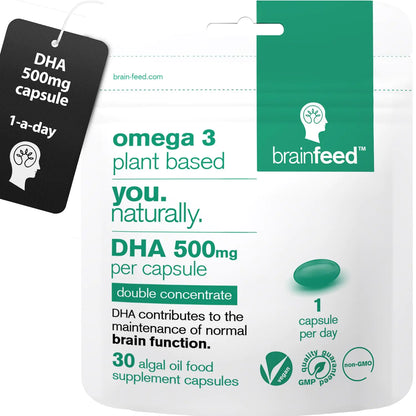 Vegan DHA Omega-3 Supplements – Double Concentrate Algae Oil (30 Capsules)